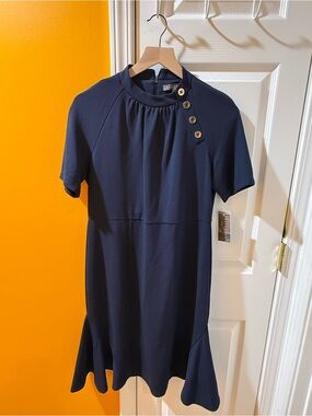 Sharagano Navy Dress with Gold Button Detail